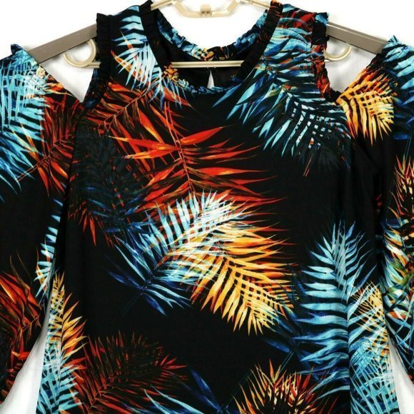 Worthington Cold Shoulder Dress Black Blue Orange Red Hawaiian Palm Floral 8 - Picture 8 of 12